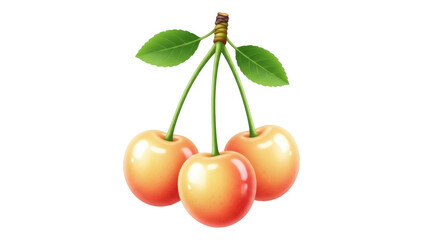 Isolated Three cherries with stem and leaves, delicious fresh fruit, summer, sweet snacks
