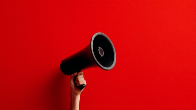 A hand holds a dark megaphone in the lower left corner, poised to broadcast, against a vibrant, solid red background. Simple and bold