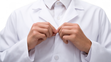 Close up of a doctor buttoning his white lab coat, preparing for work in a medical or scientific setting, with a transparent background for easy integration into different projects