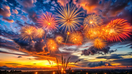 A beautiful red and colorful pyrotechnics display of exploding fireworks illuminates the dark night sky over the city and river for a New Year holiday festival celebration