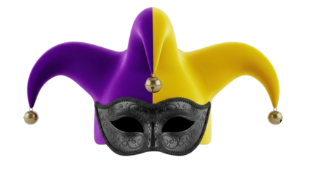 Purple and Yellow Jester Hat with Masquerade Mask and Bells Isolated