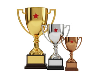 Isolated set of gold, silver, and bronze victory trophies with stars for awards ceremony or contest