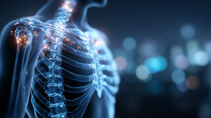 Human rib cage and spine anatomy with highlighted joints