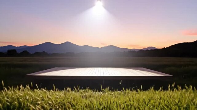 Peaceful Outdoor Stage Set Amidst Golden Field at Sunset with Majestic Mountain Range Backdrop