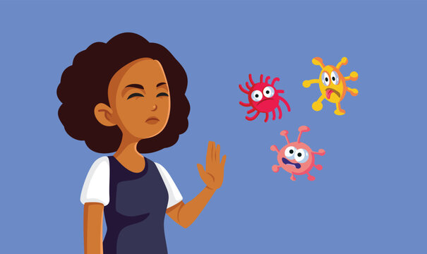 Girl Suffering from Germophobia Says Stop Vector Cartoon Illustration.  Stressed young lady being overly cautious about catching disease 