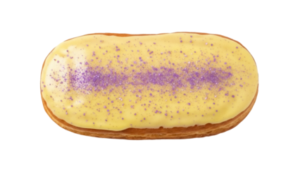 Delicious eclair with yellow icing and purple sprinkles isolated PNG, sweet pastry dessert on transparent background for bakery and confectionery designs