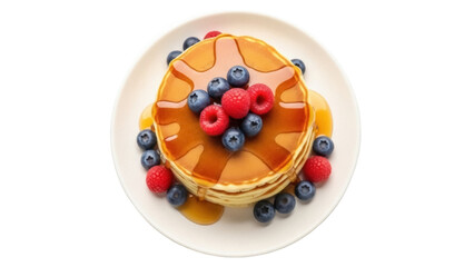 Isolated stack of pancakes, maple syrup, raspberries, blueberries on a plate, delicious treat