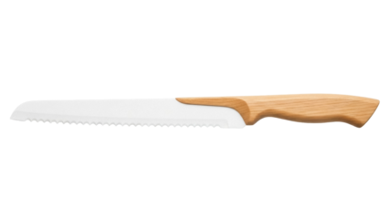 Isolated serrated bread knife with wooden handle for cutting food, professional kitchen tool