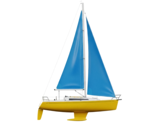 Isolated yellow sailboat with blue sails viewed from the side with no background