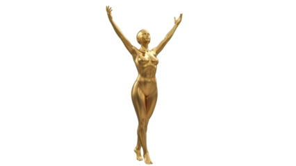 Isolated golden figure of woman with arms raised, full-body shot for beauty, celebration, victory themes