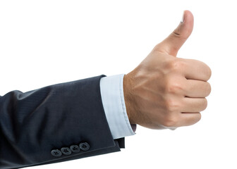 A successful businessman in a professional suit gives a thumbs up gesture to communicate a sign of agreement and symbol of ok success