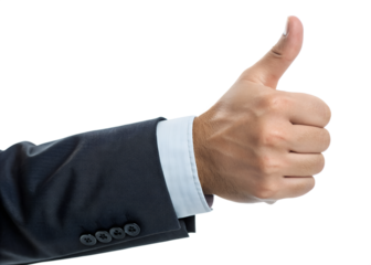 A successful businessman in a professional suit gives a thumbs up gesture to communicate a sign of agreement and symbol of ok success