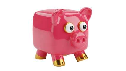 Isolated bright-pink piggy bank with gold feet standing in a cheerful and friendly way, cute decor