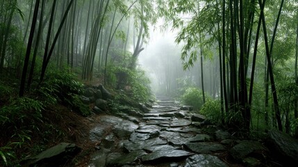 Obraz premium Misty bamboo forest path