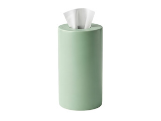 Isolated pale green cylindrical tissue box with white tissues emerging from the hole on top