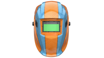 Isolated orange and blue welding helmet on a neutral field with a bright green screen lens