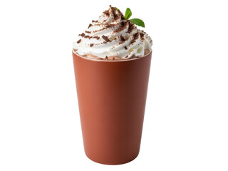 Isolated cup of delicious dessert drink with whipped cream topping and chocolate shavings