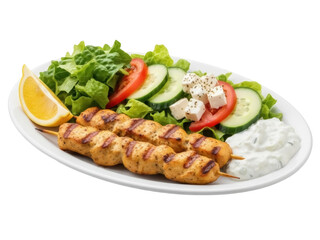 Isolated plate of two chicken souvlaki skewers with Greek salad, lemon, and yogurt dip snack