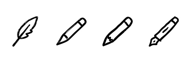 Obraz premium Feather, Pencil, And Fountain Pen Line Icon Set In Doodle Style. Writing Tools And Creativity Symbols Outline Sketch Collection. Hand Drawn Isolated Vector Illustration