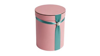 Isolated pink cylindrical flower box with turquoise ribbon and pearl accent, stylish