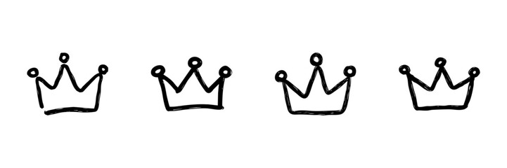 Four Crown Line Icons In Doodle Style. Royalty, Leadership, And Authority Symbol Outline Sketch Collection. Hand Drawn Isolated Vector Illustration