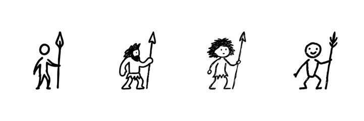 Fototapeta premium Stick Figure Cavemen With Spears Line Icon Set In Doodle Style. Prehistoric Hunting, Primitive Tools, And Early Human Life Outline Sketch Collection. Hand Drawn Isolated Vector Illustration