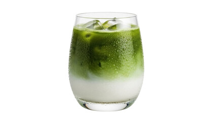 Iced matcha latte in glass isolated PNG, refreshing green tea drink with milk on transparent background for beverage concepts