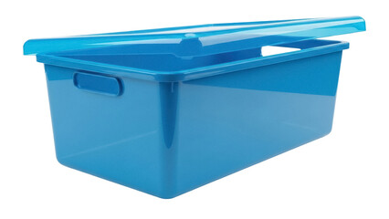 Isolated turquoise plastic storage box, organizing containers and stackable lid system