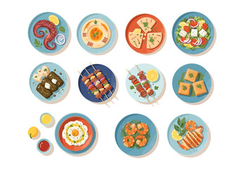 Twelve topdown illustrations of various Greek food dishes on white background