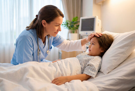 Female nurse comforting a young patient in a hospital bed, compassionate pediatric care and health support during medical recovery in a clinic room