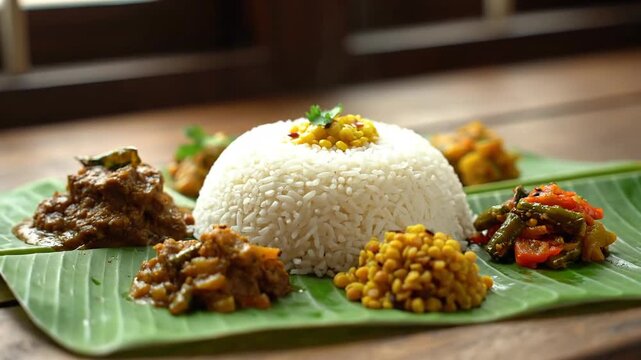 A vibrant, close-up composition highlights a traditional south indian thali meal featuring white rice and assorted curries served on a fresh green banana leaf indoors.