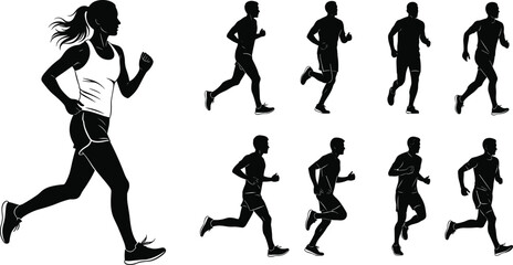 Running people silhouettes vector illustration, male and female joggers in motion, fitness training, marathon exercise, isolated black athletic figures