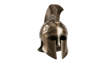 Bronze Spartan helmet PNG isolated on transparent background, ancient Greek warrior head protection for historical reenactment and design