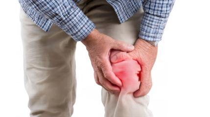 Close up of an elderly man's hands holding his knee, suggesting discomfort or injury, isolated on a transparent background, ideal for health and wellness visuals