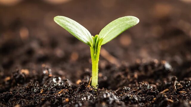 A vibrant green seedling with two small cotyledon leaves is captured in a hopeful macro close-up shot, emerging from the rich, dark brown soil of the earth.