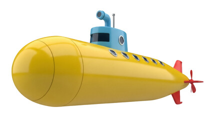 Isolated Yellow submarine, side view, rendered cartoon submersible vehicle design, ocean travel