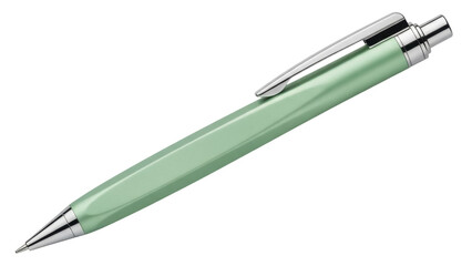 Isolated mint green mechanical pencil, stationery item, metal trim, push button mechanism