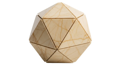 Isolated geometric icosahedron sculpture, beige stone triangle pattern, polyhedral form