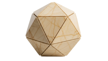 Isolated geometric icosahedron sculpture, beige stone triangle pattern, polyhedral form