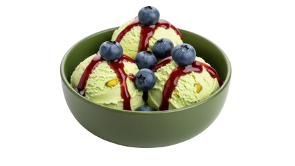 Pistachio ice cream scoops with blueberries and red sauce in green bowl isolated PNG, dessert treat for summer and sweet indulgence