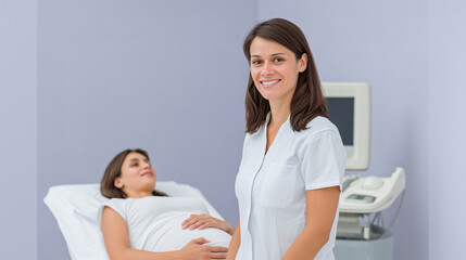 Fototapeta premium Smiling female doctor standing foreground, pregnant woman lying background clinic examination room near ultrasound equipment, maternity concept