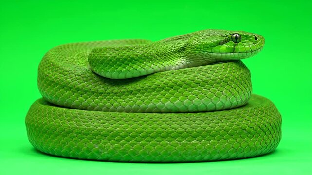 A sharp studio close-up captures a vibrant green venomous snake coiled tightly, showcasing its textured scales against a bright, solid chroma key background for an intense effect.