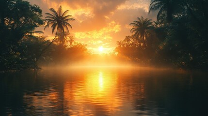 Obraz premium Golden Sunset Over Tranquil Tropical Lake Surrounded by Lush Vegetation.