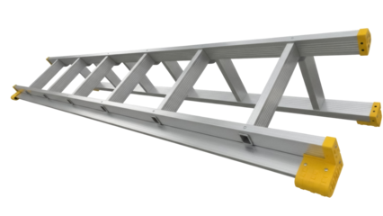 Isolated gray aluminum and yellow safety ladder, with straight rungs, home improvement tool