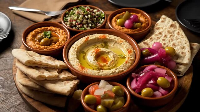 A vibrant and authentic middle eastern mezze platter featuring creamy hummus, pita bread, and pickled vegetables, dramatically served for sharing on a rustic dark wooden table.