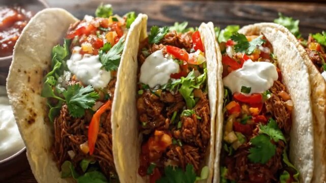 A vibrant close-up shot showcases a tantalizing row of delicious tacos, each meticulously prepared and presented. Soft corn or flour tortillas cradle a generous filling of tender, seasoned pulled meat