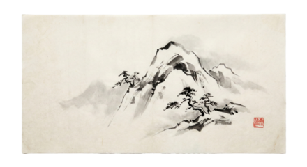 Traditional Asian Ink Wash Landscape with Mountains and Pine Trees, transparent background