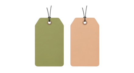 Blank isolated vector tags with strings. Olive green and beige paper labels.