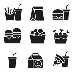 Fast food. A set of fast food icons in black silhouette style.