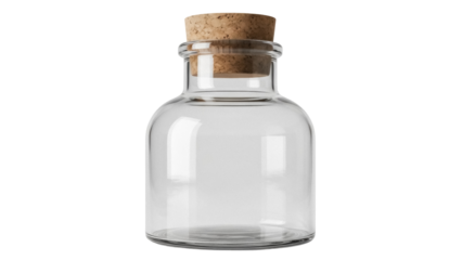Empty glass jar with cork lid isolated PNG, vintage apothecary bottle for potion or spice storage on transparent background